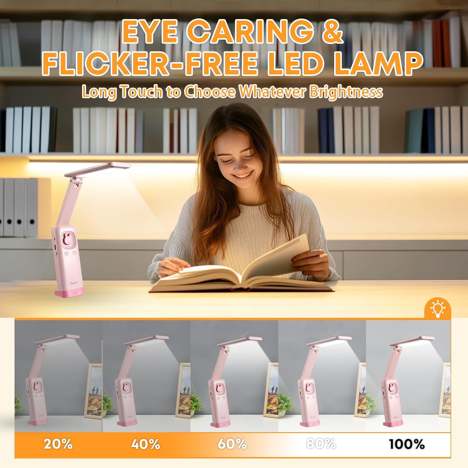 VAVOFO Cute Bunny Desk Lamp - Pink Foldable LED Reading Light